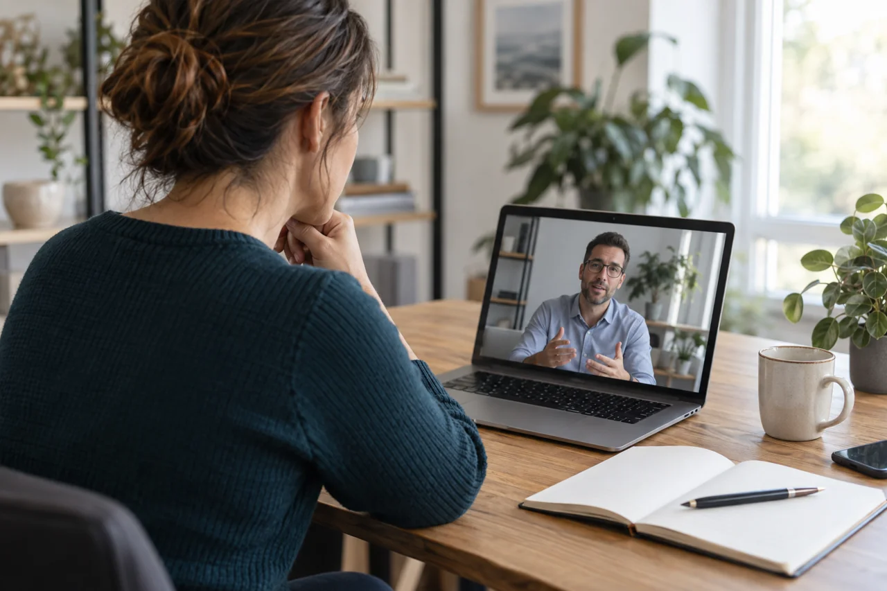 Illustrative scene of a business owner speaking with an advisor online.